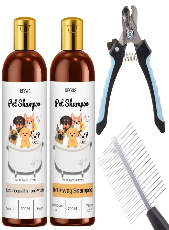 مجموعة ريجيس للعناية بالحيوانات الأليفة مع مجموعة شامبو للكلاب، 2 × 200 مل تركيبة شاملة لتخفيف الحكة، مقص أظافر، مشط معدني (عبوة من 4 قطع) - Image 1